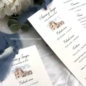 Misales de boda sencillos personalizados con ilustración de iglesia