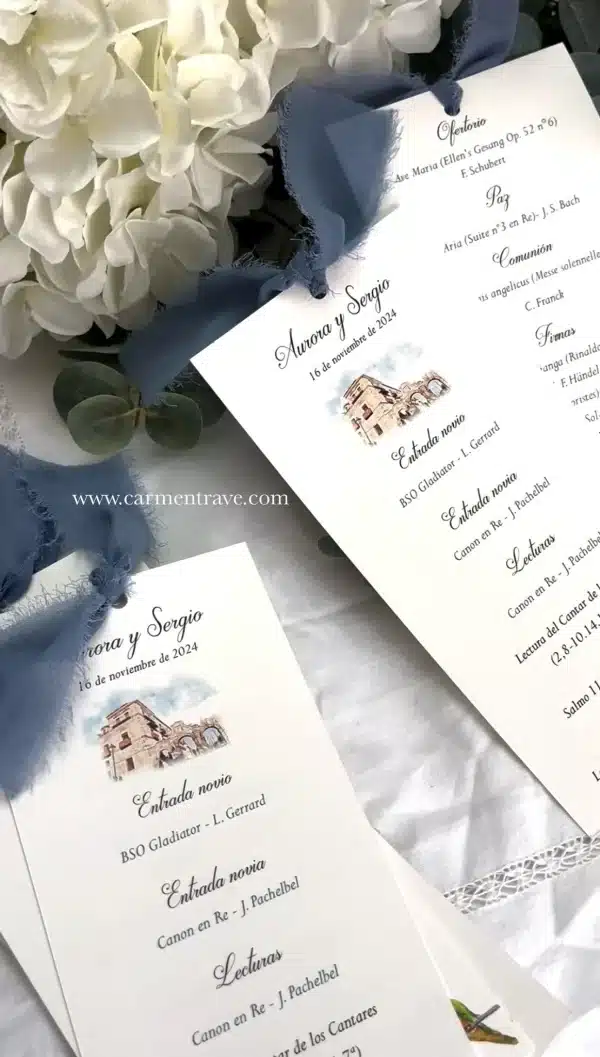 Misales de boda sencillos personalizados con ilustración de iglesia