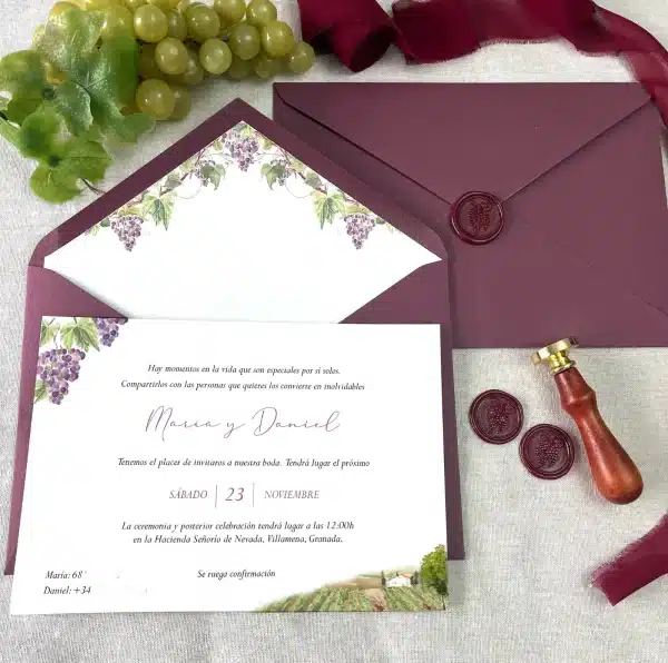 Invitación de boda "Viñedos" – Diseño rústico con ilustraciones de uvas y paisaje campestre