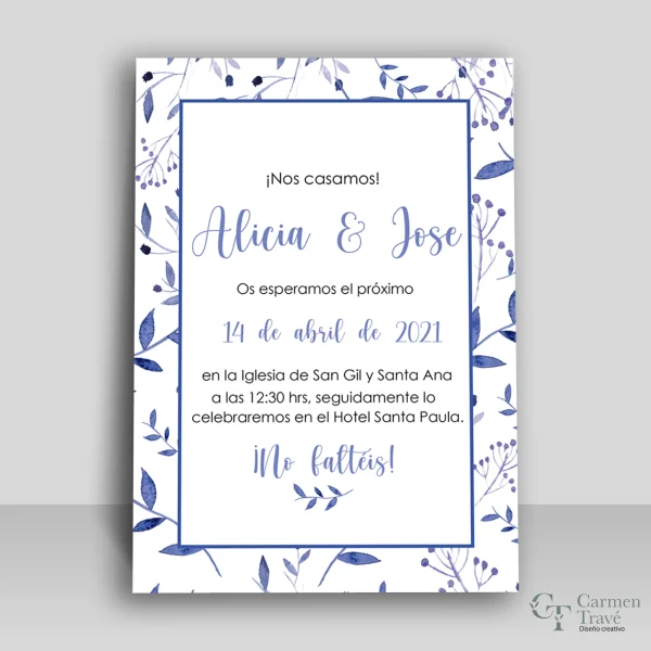 Invitación de boda "Alma" – Diseño floral azul en acuarela con estilo romántico y fresco - Imagen 2