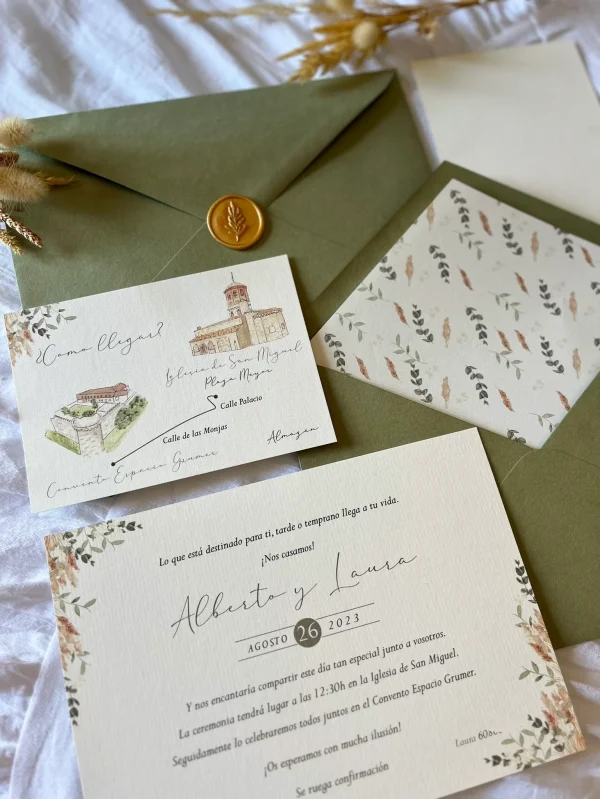 Invitación de boda "Liebe Verde" – Diseño botánico con detalles en tonos tierra - Imagen 3