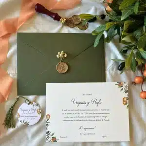 Invitación de boda "Naranja y Oliva" – Diseño mediterráneo con detalles botánicos