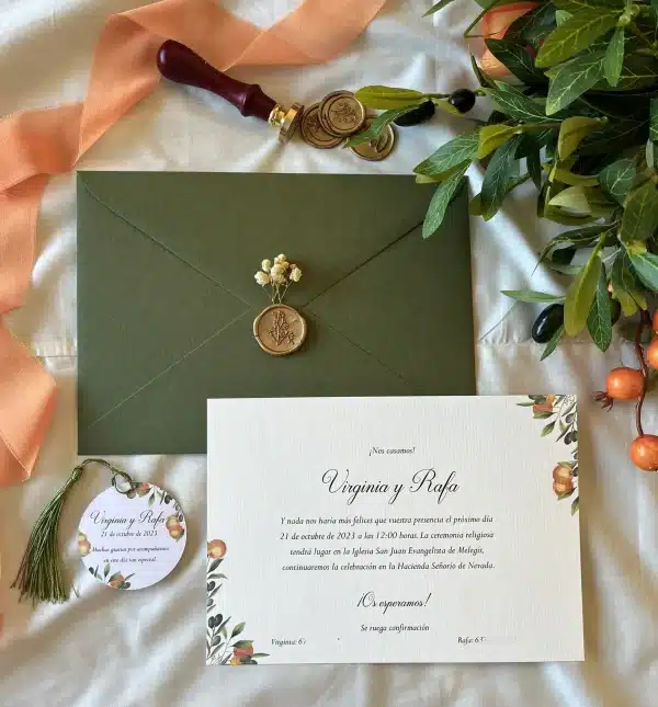 Invitación de boda "Naranja y Oliva" – Diseño mediterráneo con detalles botánicos