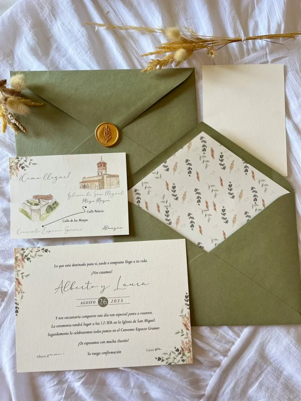 Invitación de boda "Liebe Verde" – Diseño botánico con detalles en tonos tierra - Imagen 2