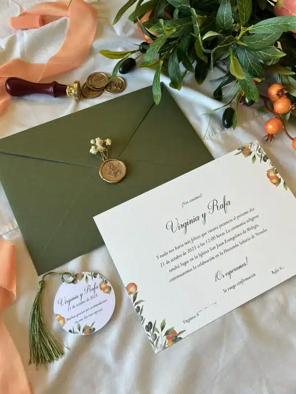 Invitación de boda "Naranja y Oliva" – Diseño mediterráneo con detalles botánicos - Imagen 2