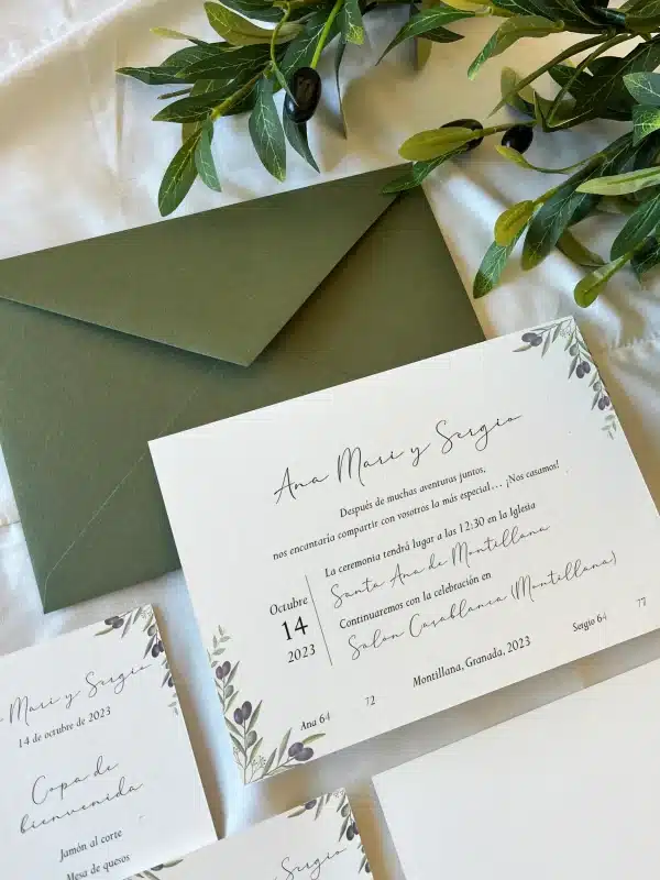 Invitación de boda "Olivo" – Diseño natural y elegante con ilustraciones de ramas de olivo