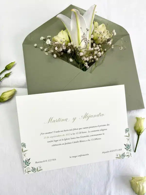 Invitación de boda "Lovely" – Diseño botánico elegante en azul y verde salvia - Imagen 2
