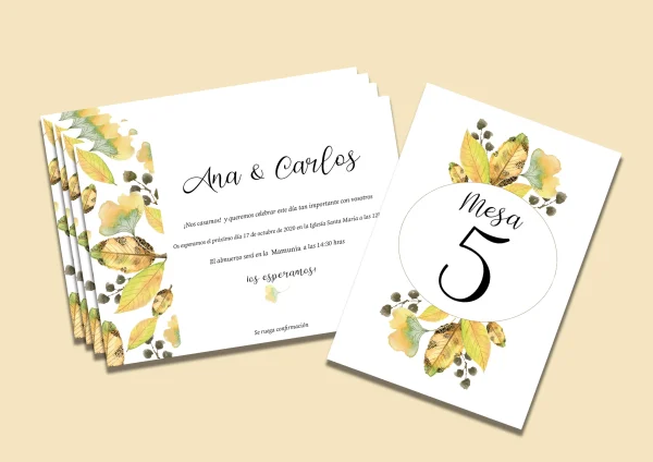 Invitación de boda "Brisa" – Diseño otoñal con hojas en acuarela y estilo natural - Imagen 2