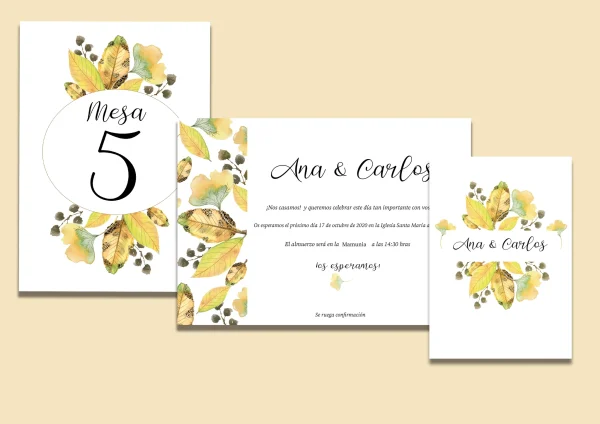 Invitación de boda "Brisa" – Diseño otoñal con hojas en acuarela y estilo natural - Imagen 3