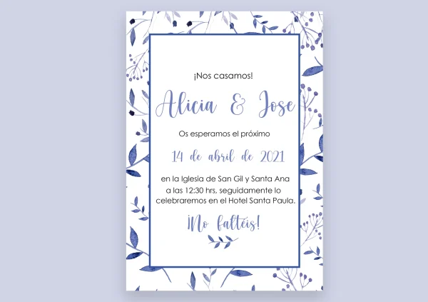 Invitación de boda "Alma" – Diseño floral azul en acuarela con estilo romántico y fresco