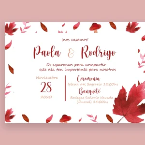 Invitación de boda "Otoño" – Diseño otoñal con hojas en acuarela en tonos rojizos y burdeos