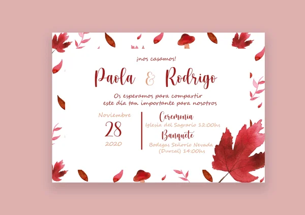 Invitación de boda "Otoño" – Diseño otoñal con hojas en acuarela en tonos rojizos y burdeos