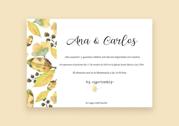 Invitación de boda "Brisa" – Diseño otoñal con hojas en acuarela y estilo natural