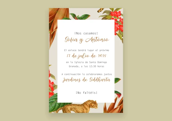 Invitación de boda "Colección Salvaje" – Diseño tropical con estampado de hojas y animales.
