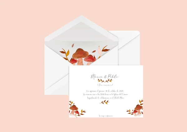 Invitación de boda "Seta" – Diseño otoñal con setas en acuarela y hojas en tonos tierra - Imagen 2