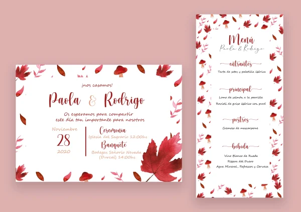 Invitación de boda "Otoño" – Diseño otoñal con hojas en acuarela en tonos rojizos y burdeos - Imagen 2