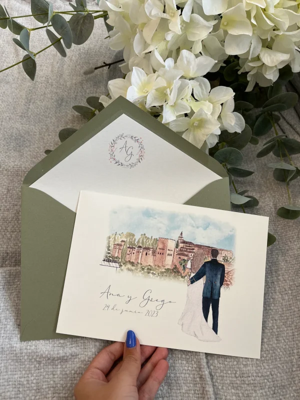 Invitación de boda personalizada "Elige tu fondo" – Ilustración a medida con paisaje o ciudad - Imagen 2