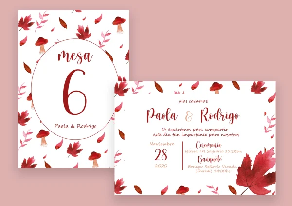 Invitación de boda "Otoño" – Diseño otoñal con hojas en acuarela en tonos rojizos y burdeos - Imagen 3