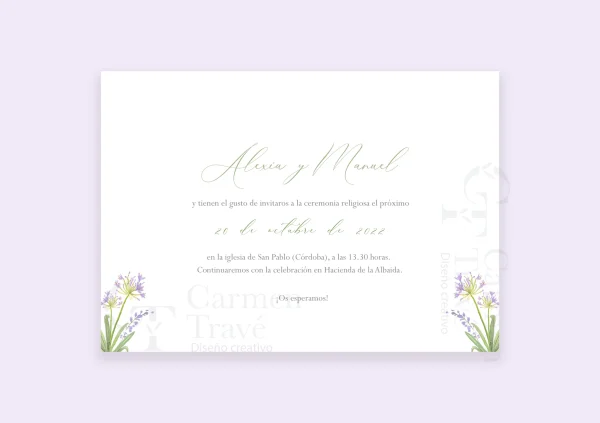 Invitación de boda "Lirio" – Diseño floral minimalista con lirios silvestres en tonos suaves - Imagen 5