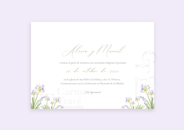 Invitación de boda "Lirio" – Diseño floral minimalista con lirios silvestres en tonos suaves - Imagen 4