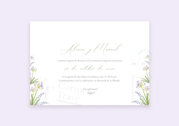Invitación de boda "Lirio" – Diseño floral minimalista con lirios silvestres en tonos suaves - Imagen 3