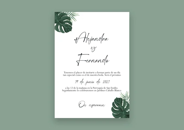 Invitación de boda "Fresh" – Diseño tropical moderno con hojas verdes y tipografía fluida